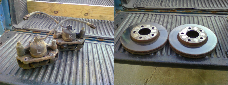 Lots of life left in these. I count about 6-7mm of friction material on
all pads, and about 26mm of rotor thickness, with hardly any lip on the
outer edge. Not bad for 4 years of use.
